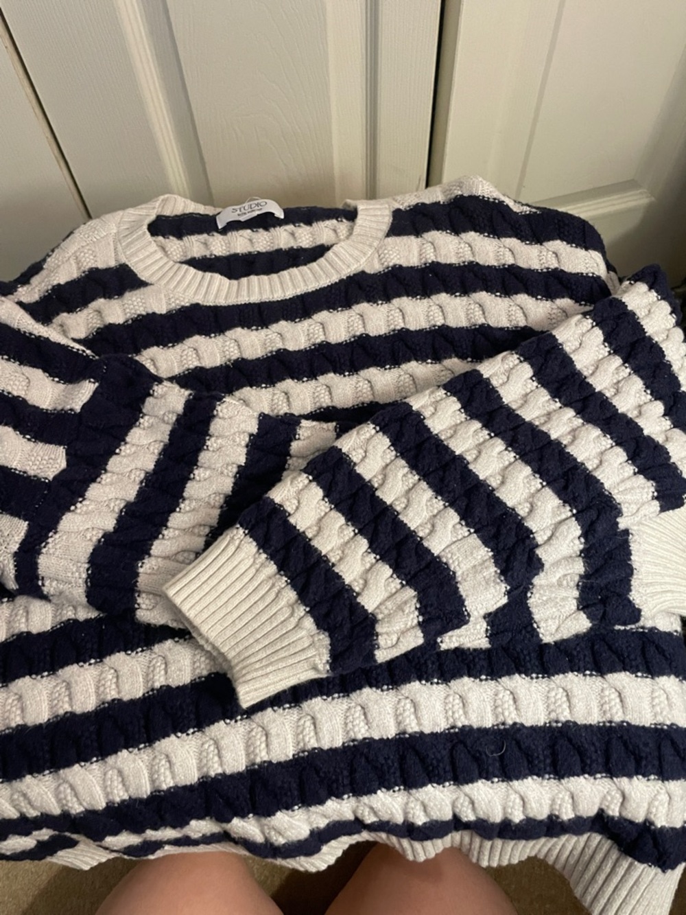 Navy and White Striped Cable Knit Sweater.  Brand new! Only warn once!